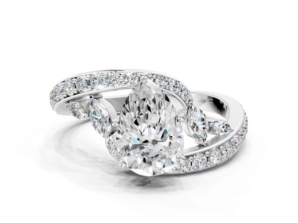 White gold Pear Solitaire with Pavé Twist Band and Four-Prong Setting