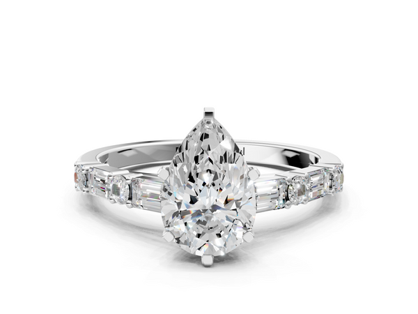 White gold Pear Cut Diamond Solitaire with Side Baguettes and Channel Set Band