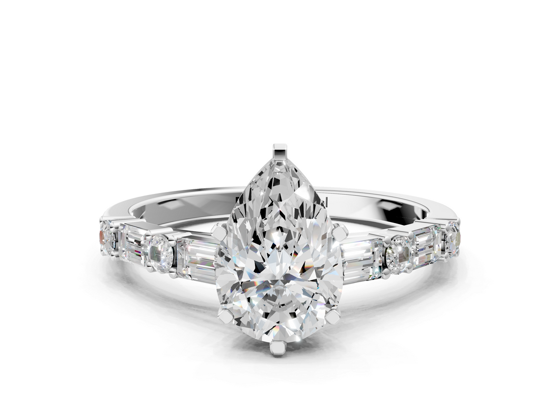White gold Pear Solitaire with Side Baguettes and Channel Set Band_79