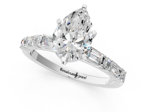 White gold Pear Cut Diamond Solitaire with Side Baguettes and Channel Set Band