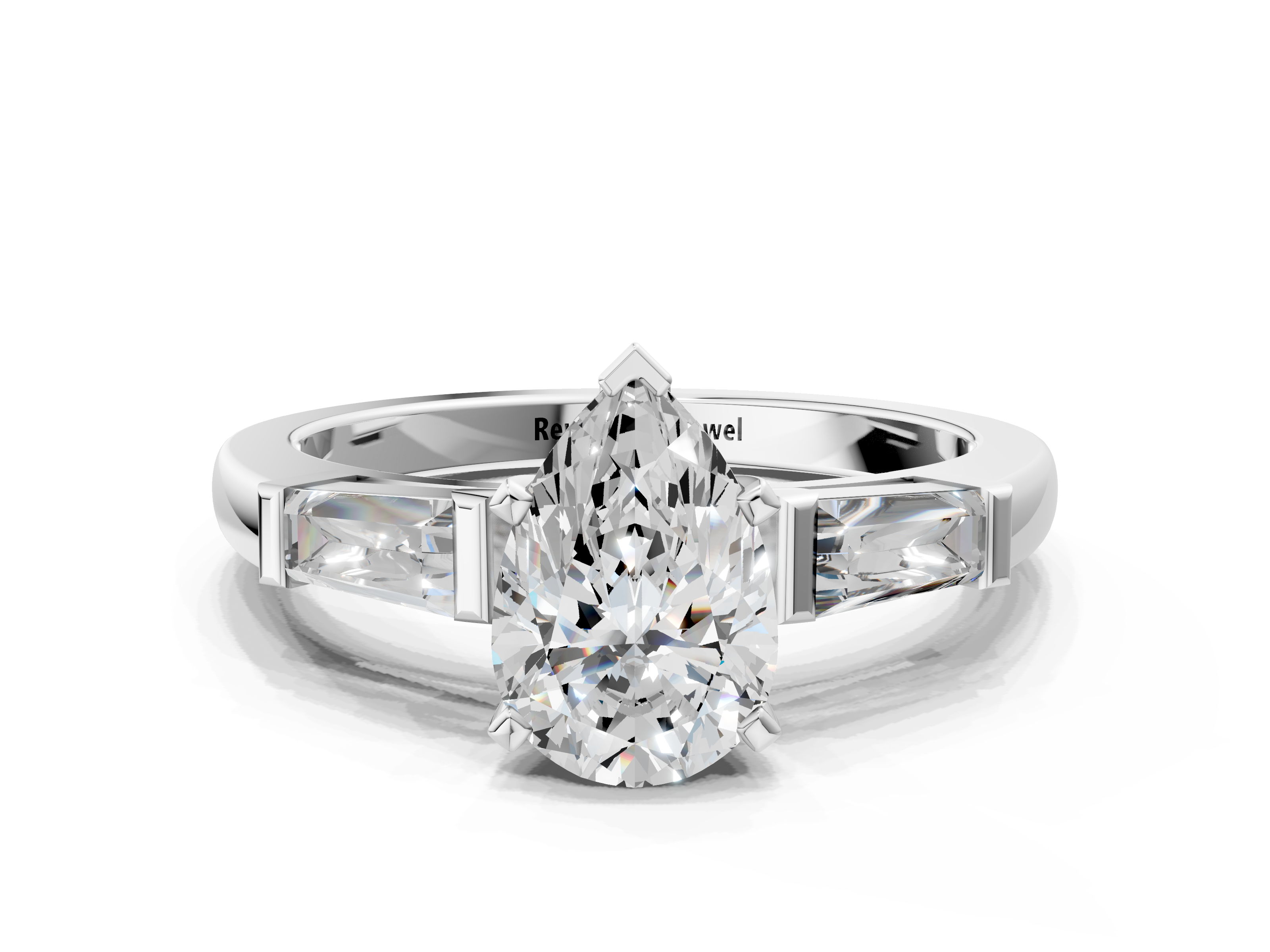 White gold Pear Solitaire with Tapered Baguette Side Stones on a Classic Band with Six-Prong Setting_163