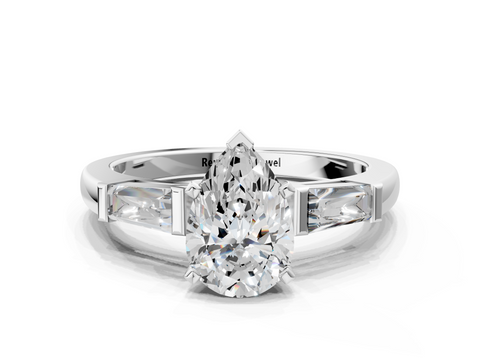 White gold Pear Solitaire with Tapered Baguette Side Stones on a Classic Band with Six-Prong Setting_163
