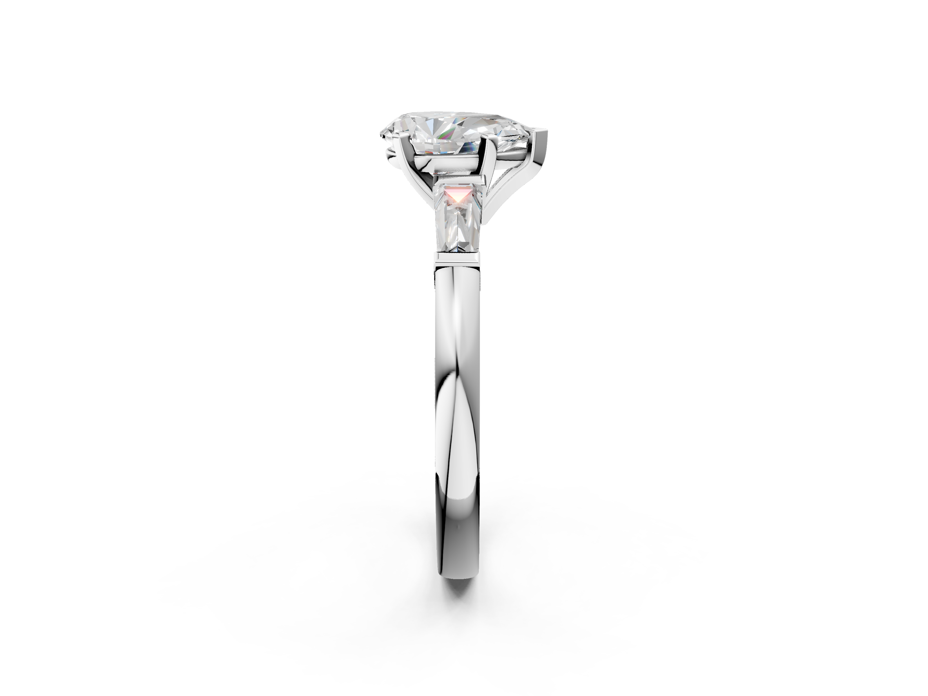 White gold Pear Solitaire with Tapered Baguette Side Stones on a Classic Band with Six-Prong Setting_165