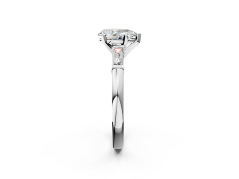 White gold Pear Solitaire with Tapered Baguette Side Stones on a Classic Band with Six-Prong Setting_165