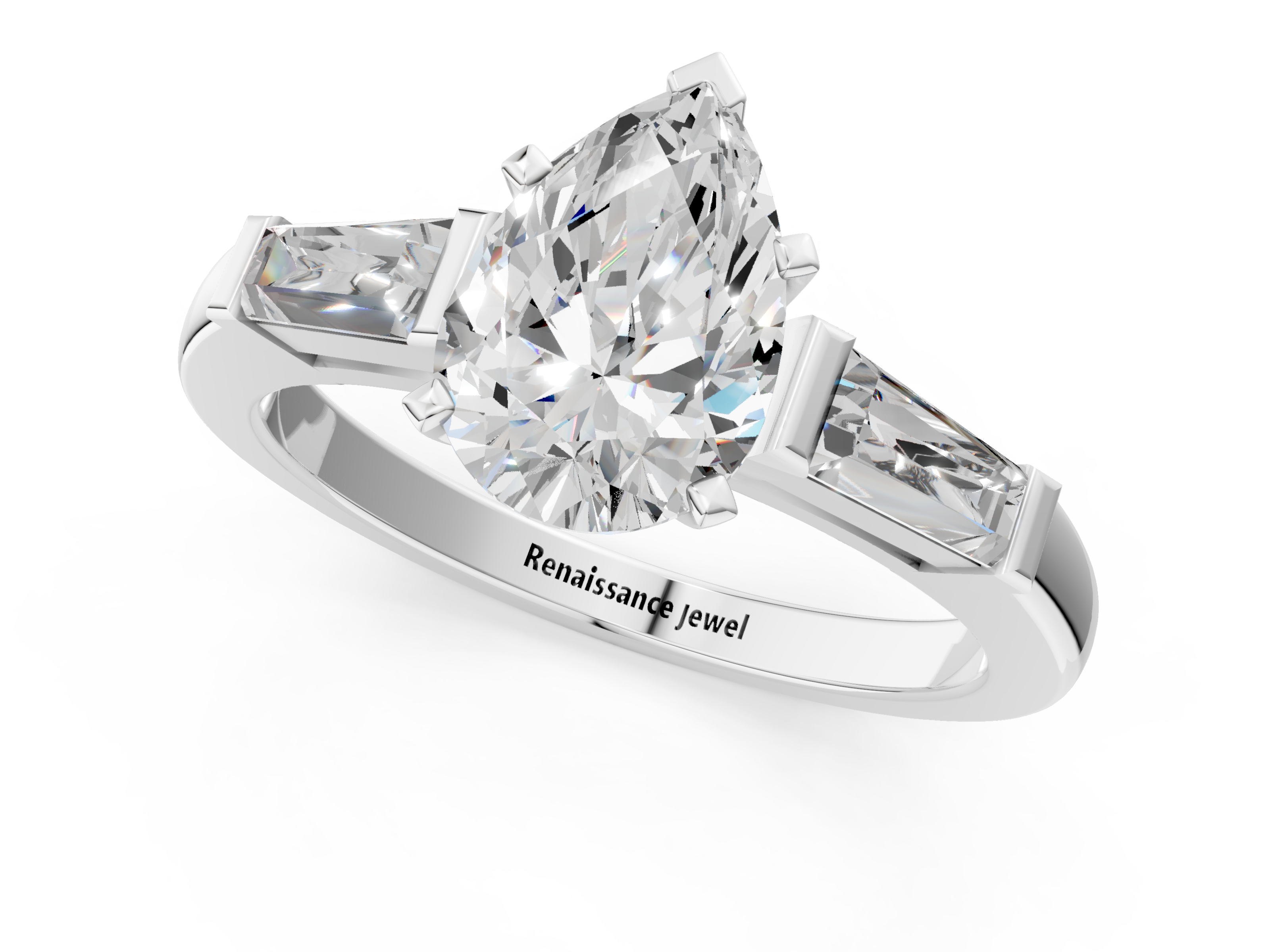 White gold Pear Solitaire with Tapered Baguette Side Stones on a Classic Band with Six-Prong Setting_166