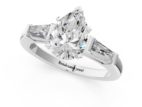 White gold Pear Solitaire with Tapered Baguette Side Stones on a Classic Band with Six-Prong Setting