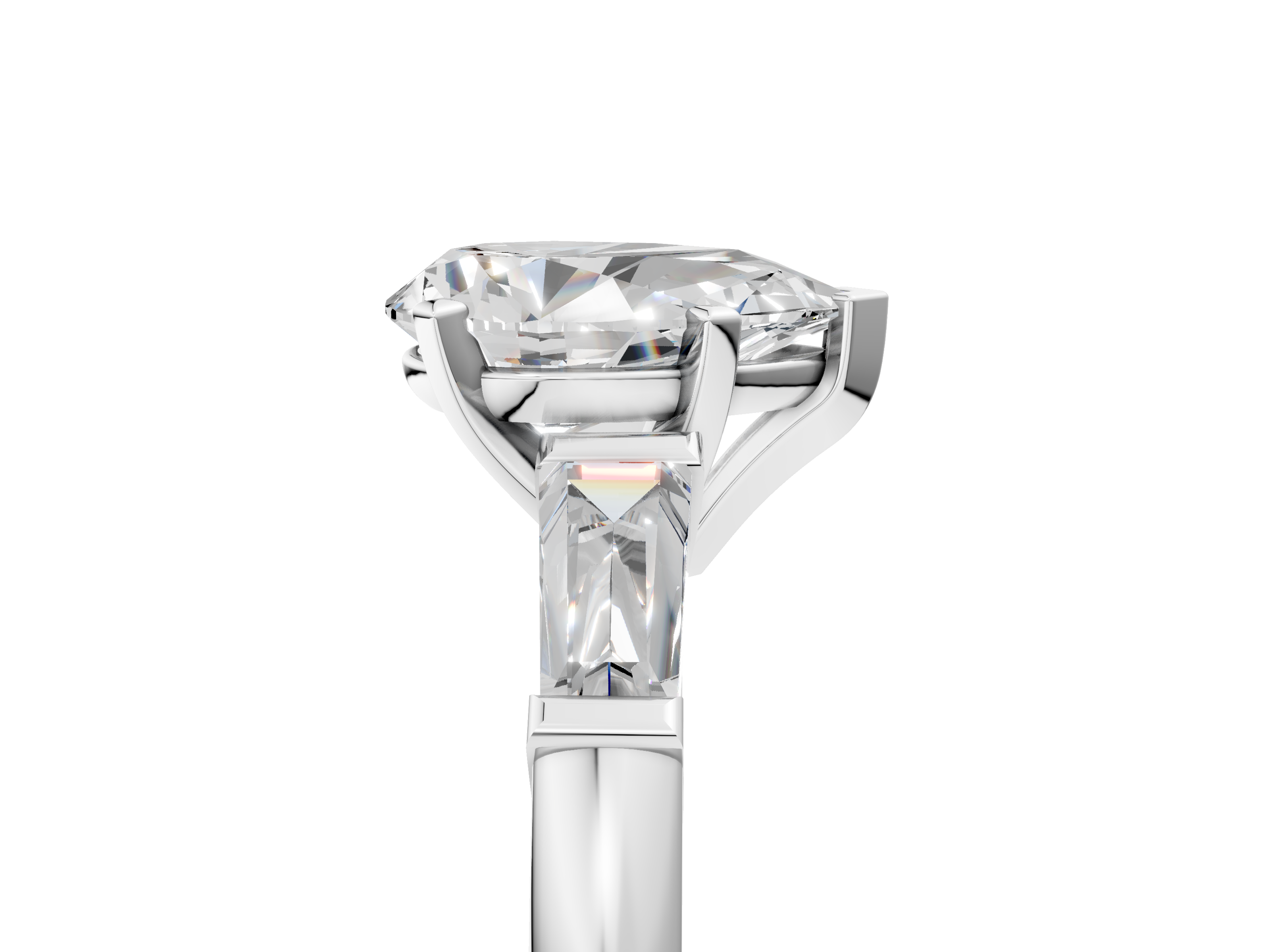 White gold Pear Solitaire with Tapered Baguette Side Stones on a Classic Band with Six-Prong Setting_168