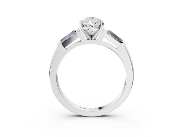 White gold Pear Solitaire with Tapered Baguette Side Stones on a Classic Band with Six-Prong Setting