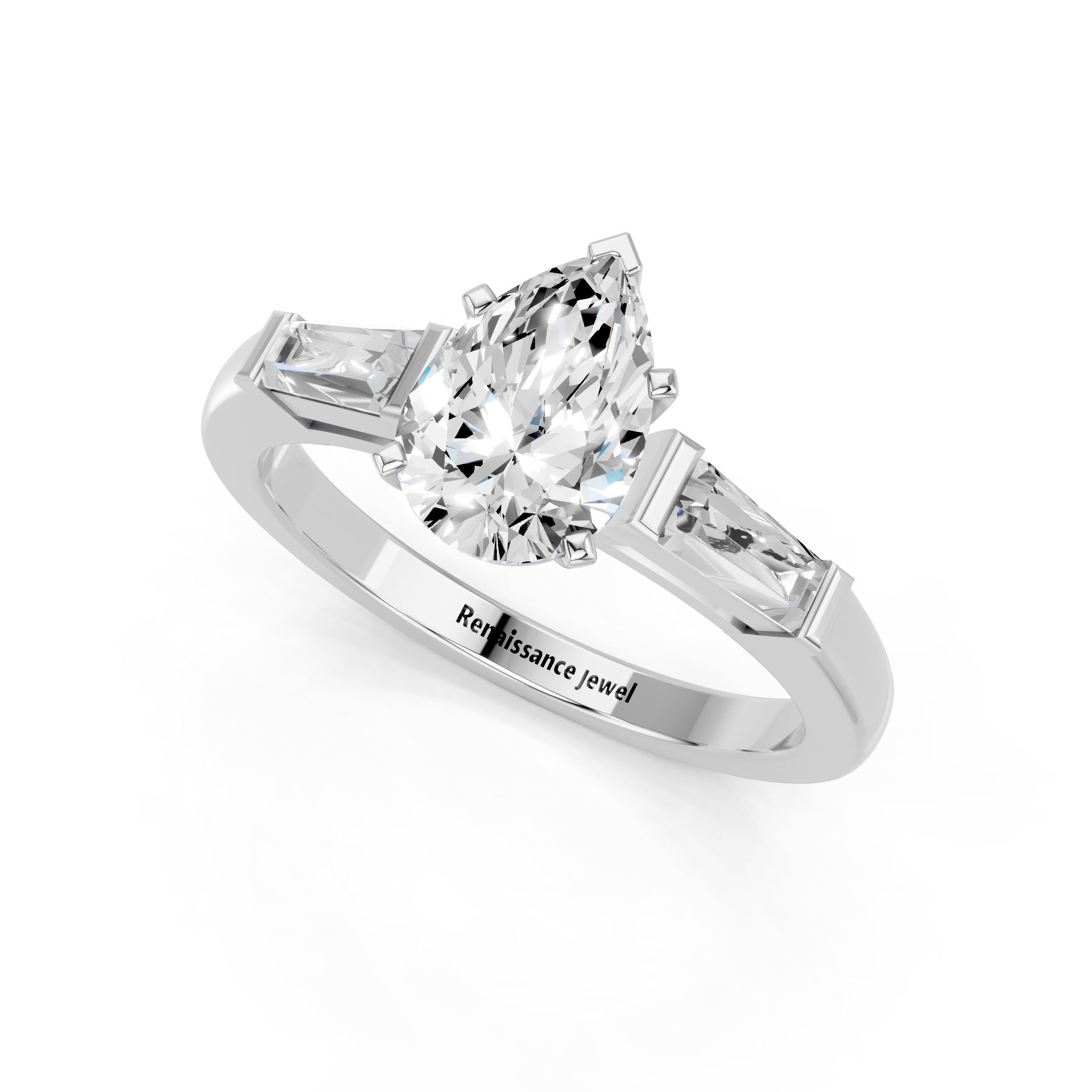 White gold Pear Solitaire with Tapered Baguette Side Stones on a Classic Band with Six-Prong Setting_88