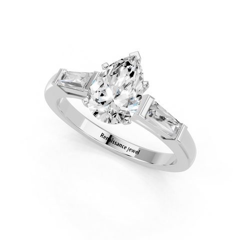 White gold Pear Solitaire with Tapered Baguette Side Stones on a Classic Band with Six-Prong Setting_88