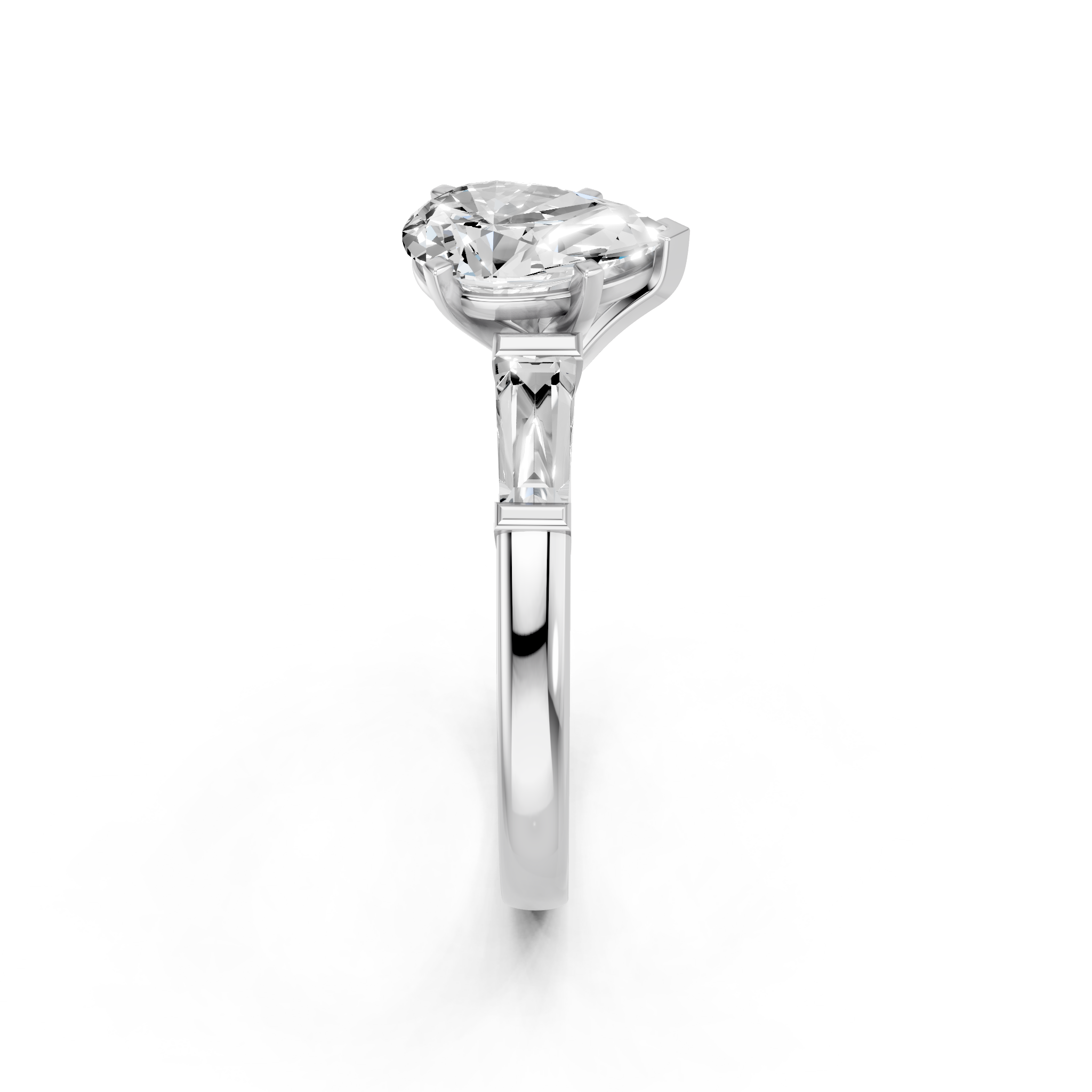 White gold Pear Solitaire with Tapered Baguette Side Stones on a Classic Band with Six-Prong Setting_89