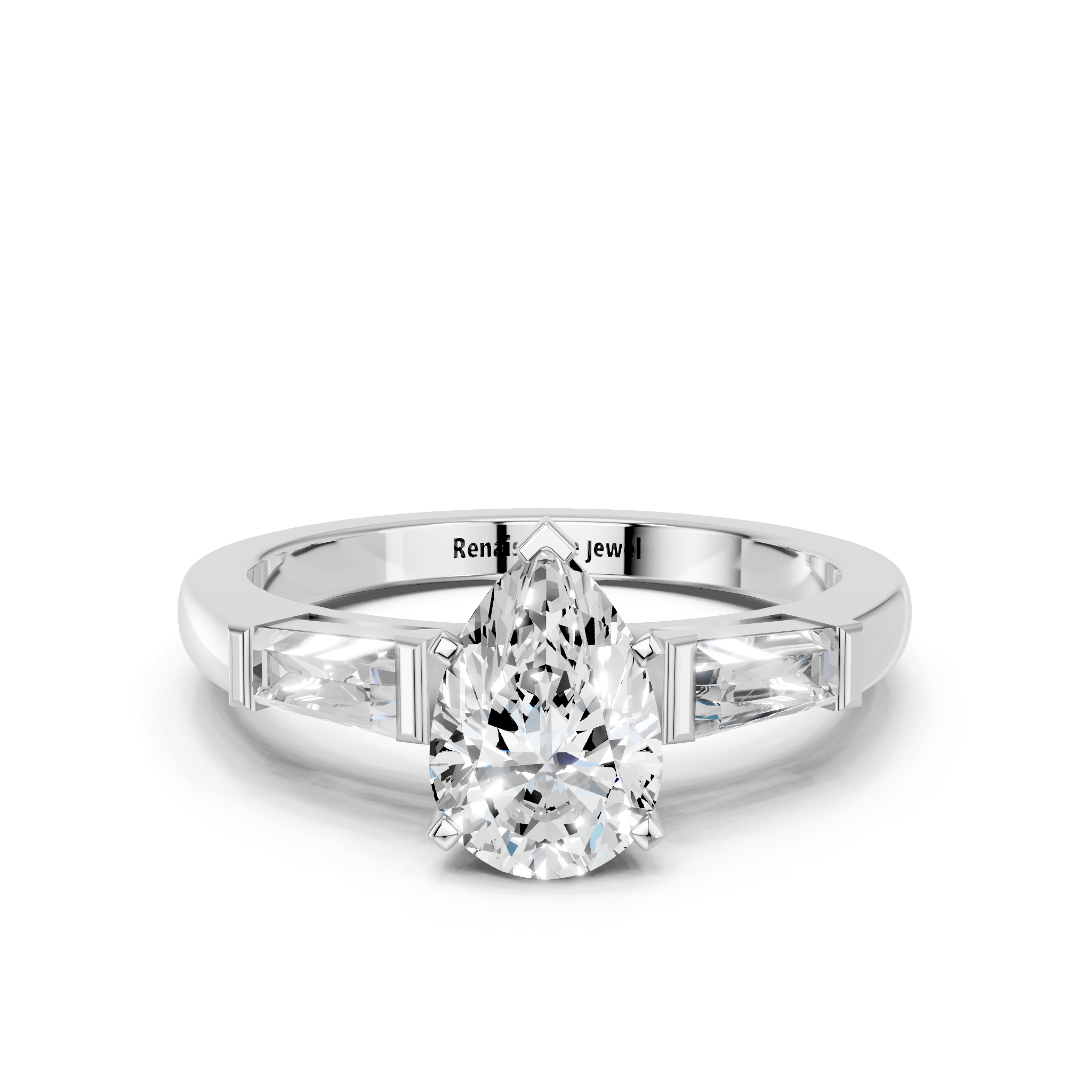 White gold Pear Solitaire with Tapered Baguette Side Stones on a Classic Band with Six-Prong Setting_95