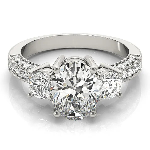 White gold Pear Three-Stone Diamond Ring with Pavé Band and Four-Prong Setting