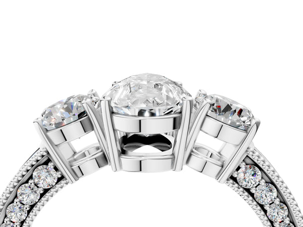 White gold Pear Three-Stone Diamond Ring with Pavé Band and Four-Prong Setting
