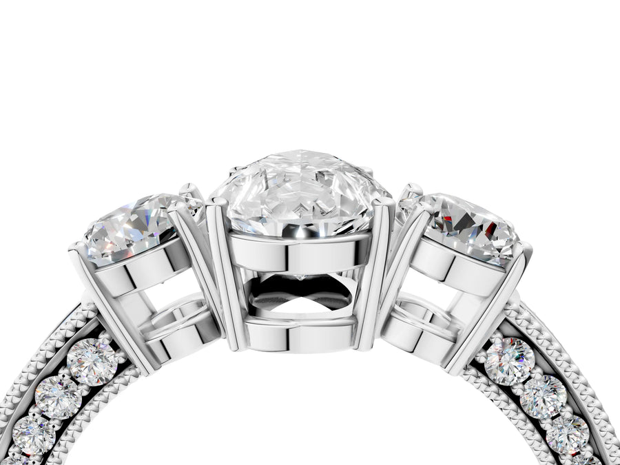 White gold Pear Three-Stone Diamond Ring with Pavé Band and Four-Prong Setting
