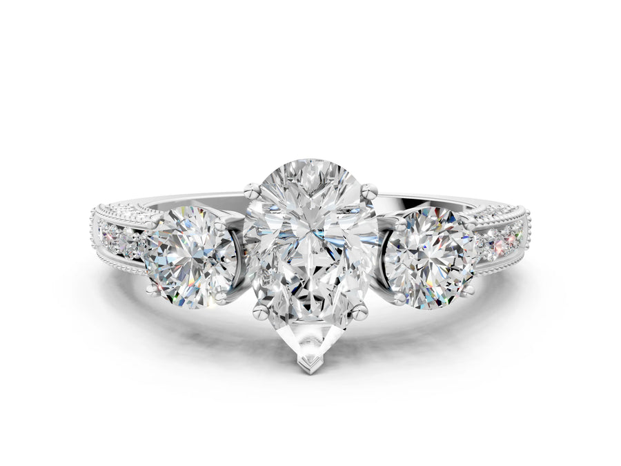 White gold Pear Three-Stone Diamond Ring with Pavé Band and Four-Prong Setting