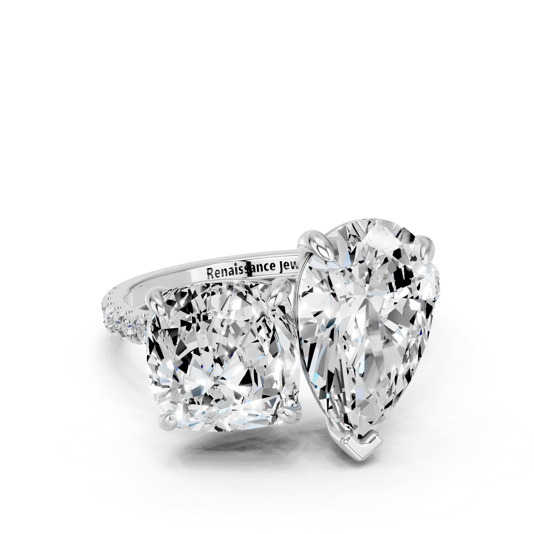 White gold Pear and Cushion Toi Moi Ring with Prong Setting and Micro Pave Band_8