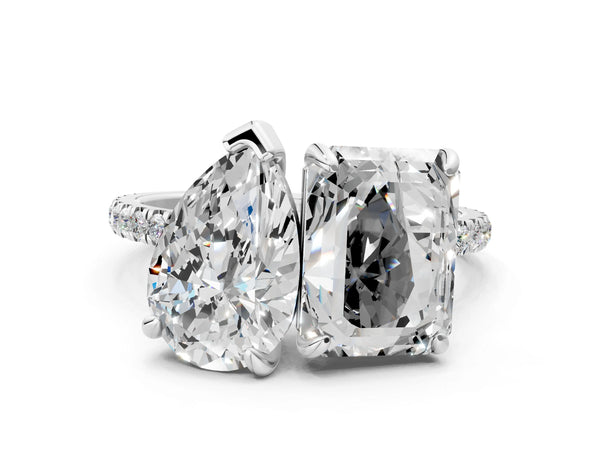 White gold Pear and Emerald Toi Moi Ring with Prong Setting and Micro Pave Band