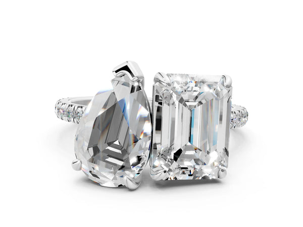 White gold Pear and Emerald Toi Moi Ring with Prong Setting and Micro Pave Band