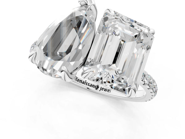 White gold Pear and Emerald Toi Moi Ring with Prong Setting and Micro Pave Band