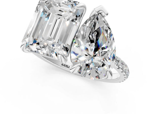 White gold Pear and Emerald Toi Moi Ring with Prong Setting and Pave Band