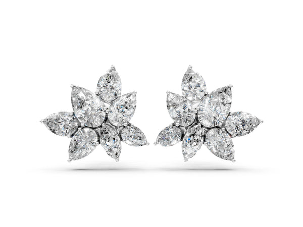 Platinum Pear and Marquise Diamond Floral Cluster Stud Earrings
