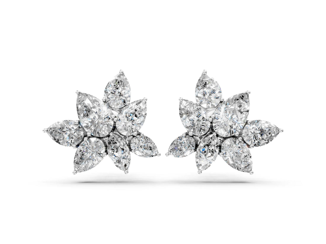 White gold Pear and Marquise Diamond Floral Cluster Stud Earrings