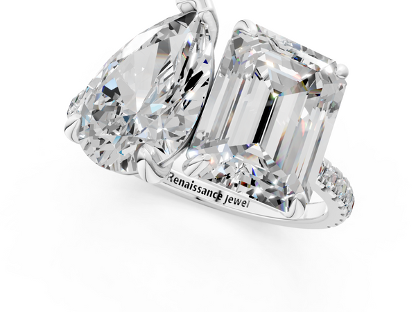 Platinum Pear-Shaped and Emerald Cut Lab-Grown Diamond Toi et Moi Ring