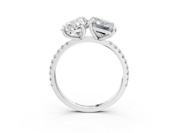White Gold Pear-Shaped and Emerald Cut Lab-Grown Diamond Toi et Moi Ring