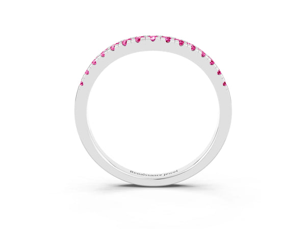 Platinum Round Lab-Grown Pink Sapphire Pave Contour Wedding Band with Shared Prongs