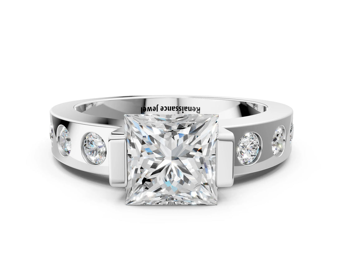 White gold Princess Brilliant Channel-Set Diamond Ring with Bezel Prong Setting_6