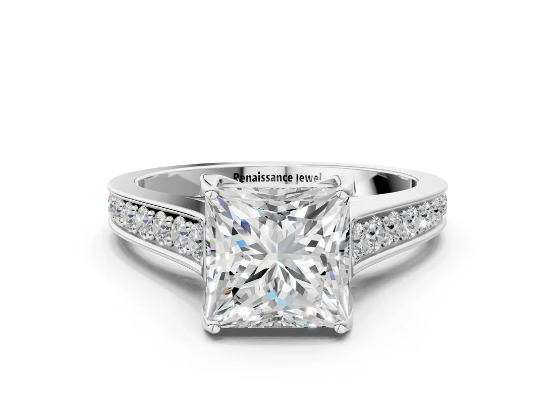 White gold Princess Brilliant Cut Diamond Engagement Ring with Pavé Band and Four-Prong Setting_82