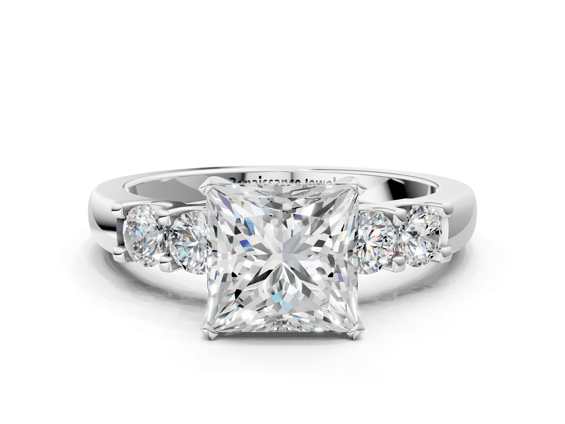 White gold Princess Brilliant Cut Diamond Five-Stone Prong Set Engagement Ring with Channel Band_21