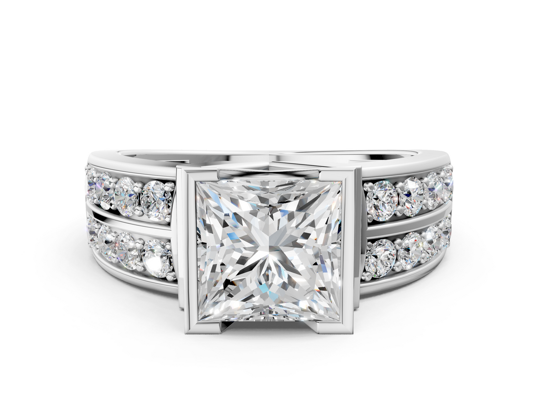 White gold Princess Brilliant Diamond Channel Set Wide Band Ring with Bezel Setting_18
