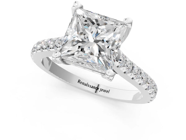 White gold Princess Brilliant Diamond Solitaire with Pavé Band and Four-Prong Setting