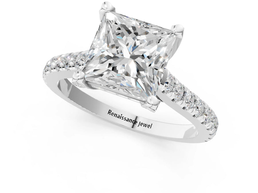 White gold Princess Brilliant Diamond Solitaire with Pavé Band and Four-Prong Setting