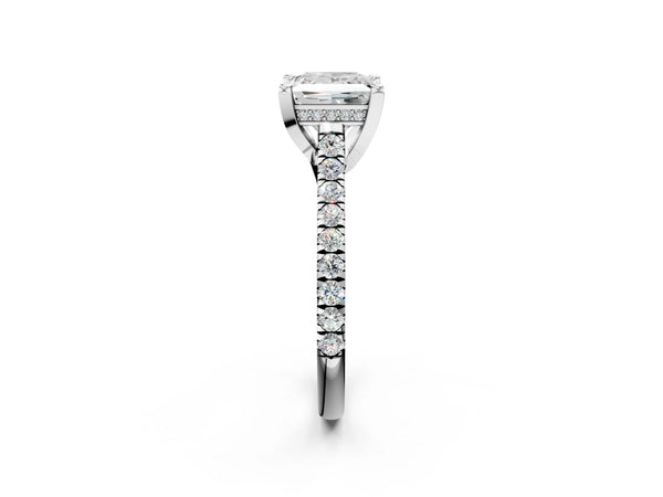 White gold Princess Brilliant Diamond Solitaire with Pavé Band and Four-Prong Setting