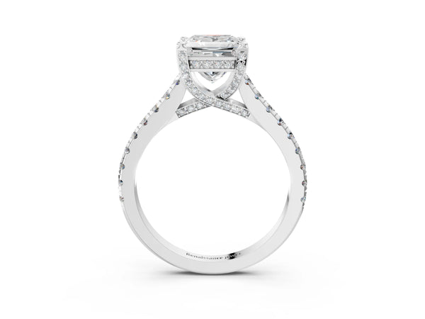 White gold Princess Brilliant Diamond Solitaire with Pavé Band and Four-Prong Setting