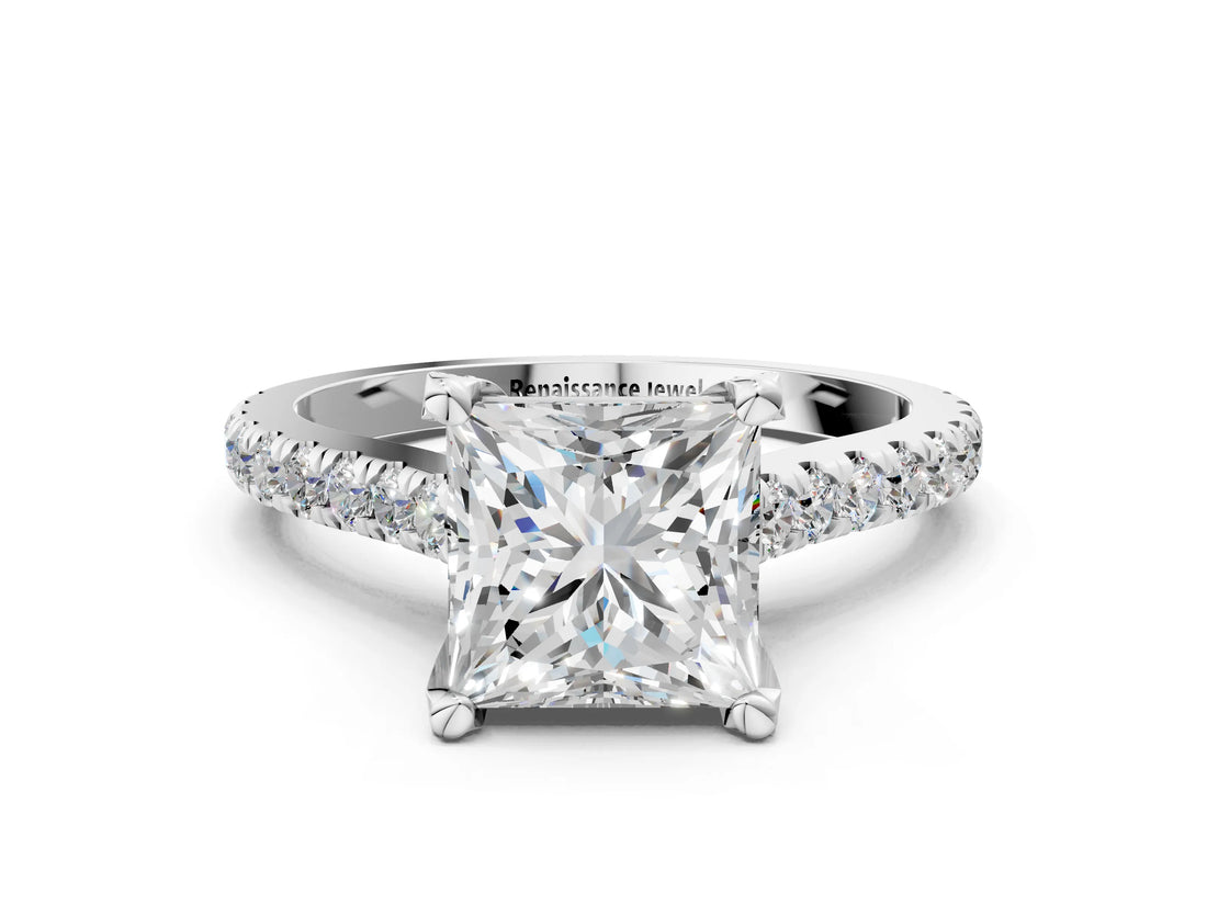 White gold Princess Brilliant Diamond Solitaire with Pavé Band and Four-Prong Setting