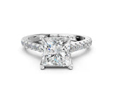 White gold Princess Brilliant Diamond Solitaire with Pavé Band and Four-Prong Setting