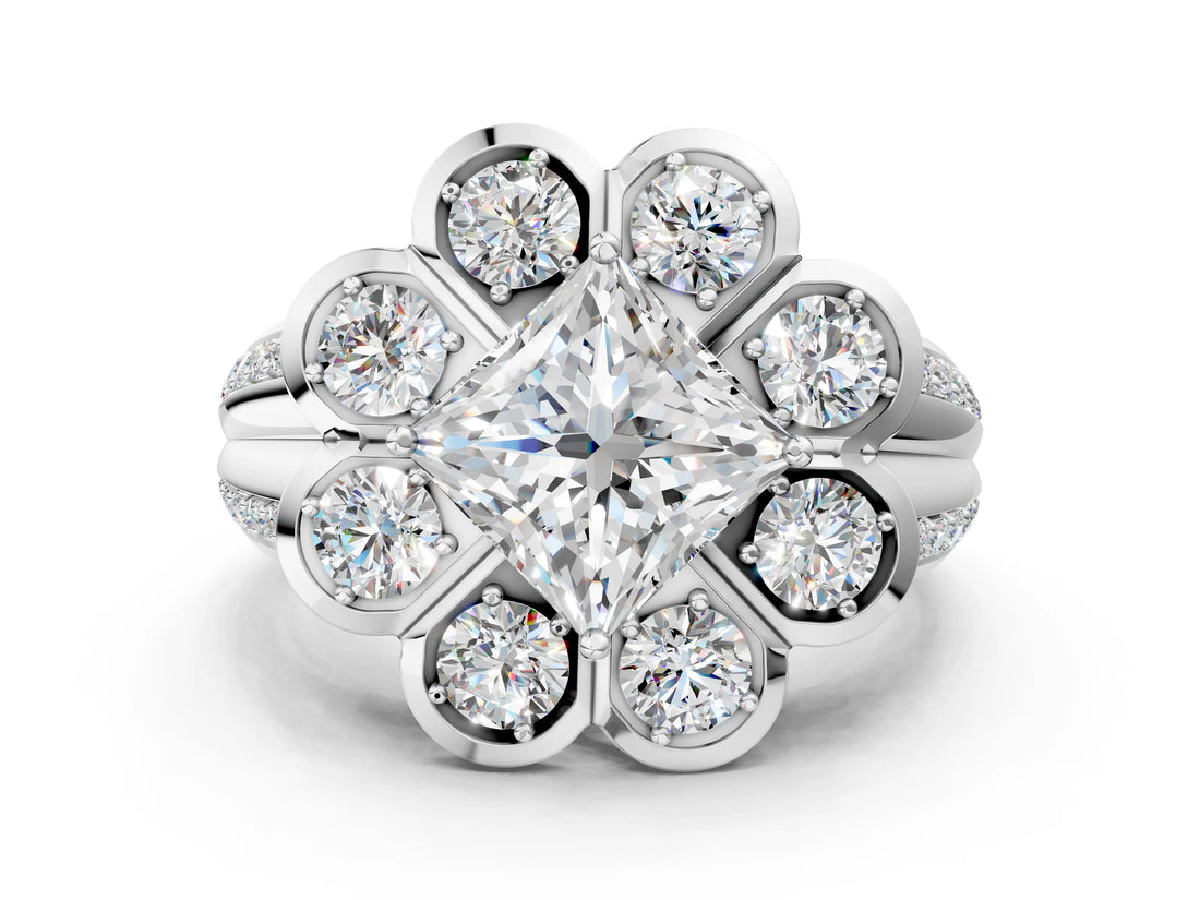 White gold Princess Brilliant Flower Halo Diamond Split Shank Ring_27