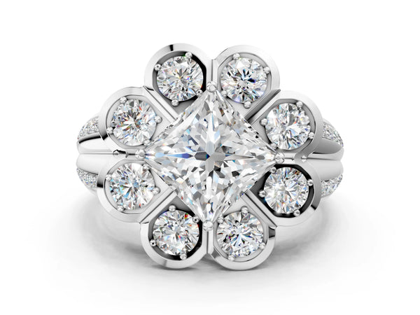 White gold Princess Brilliant Flower Halo Diamond Split Shank Ring