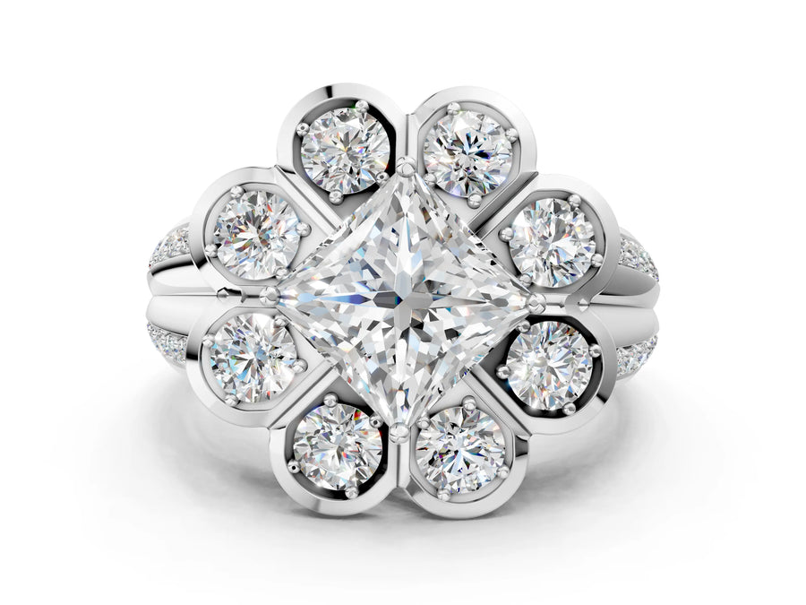 White gold Princess Brilliant Flower Halo Diamond Split Shank Ring