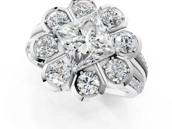 White gold Princess Brilliant Flower Halo Diamond Split Shank Ring
