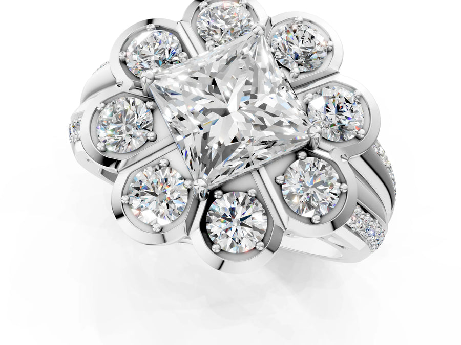 White gold Princess Brilliant Flower Halo Diamond Split Shank Ring