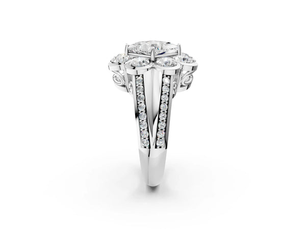 White gold Princess Brilliant Flower Halo Diamond Split Shank Ring