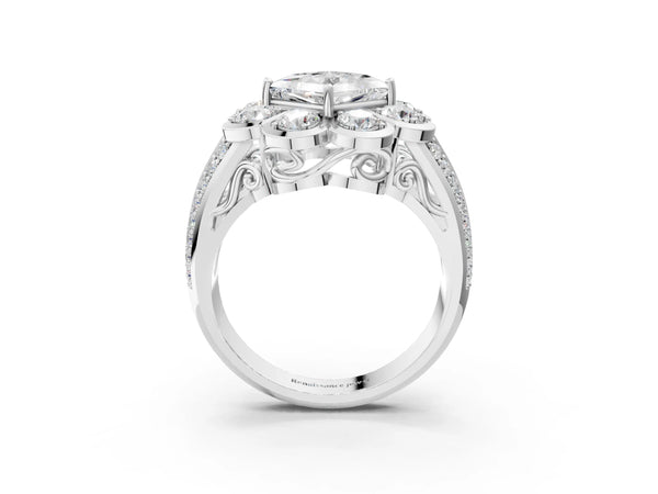 White gold Princess Brilliant Flower Halo Diamond Split Shank Ring