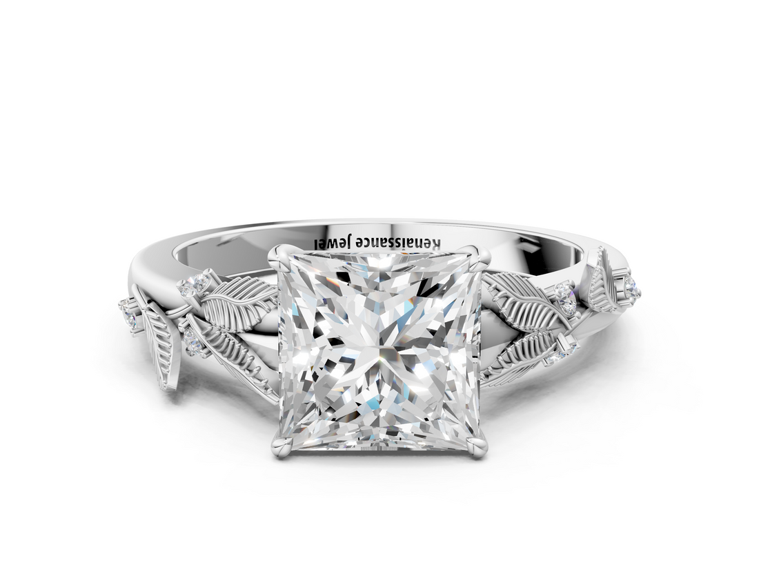 White gold Princess Brilliant Solitaire with Leaf Motif Band and Four-Prong Setting_66