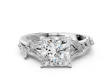 White gold Princess Brilliant Solitaire with Leaf Motif Band and Four-Prong Setting_66