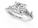 White gold Princess Brilliant Solitaire with Leaf Motif Band and Four-Prong Setting_67